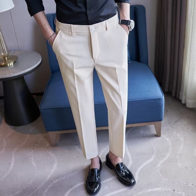 Muška odjeća Uske hlače uskog kroja Muške jesenske bijele hlače s devet točaka koje se ne peglaju, poslovne formalne ravne ležerne hlače protiv bora_voghion.com