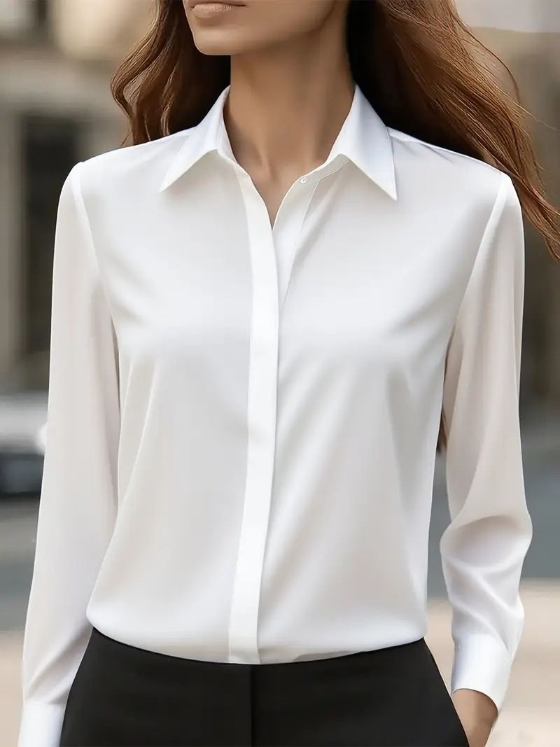Camicetta a maniche lunghe in raso da donna: elegante camicia da ufficio con colletto classico, capo versatile per l'autunno_voghion.com