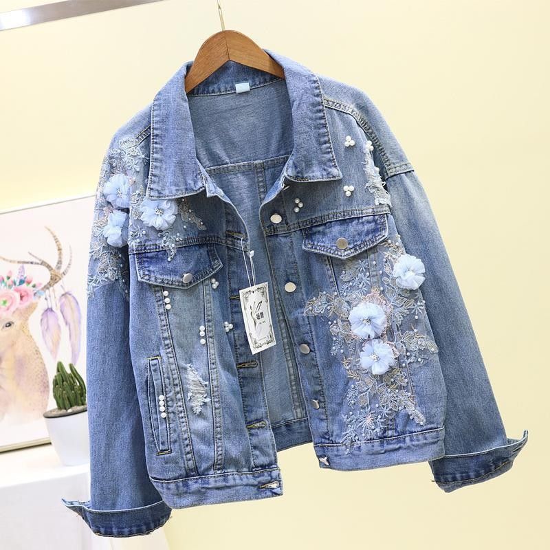 Women's Clothing Spring and Autumn New Style Heavy Embroidery Three Dimensional Flower Ripped Denim Short Jacket Women's Loose Jacket_voghion.com