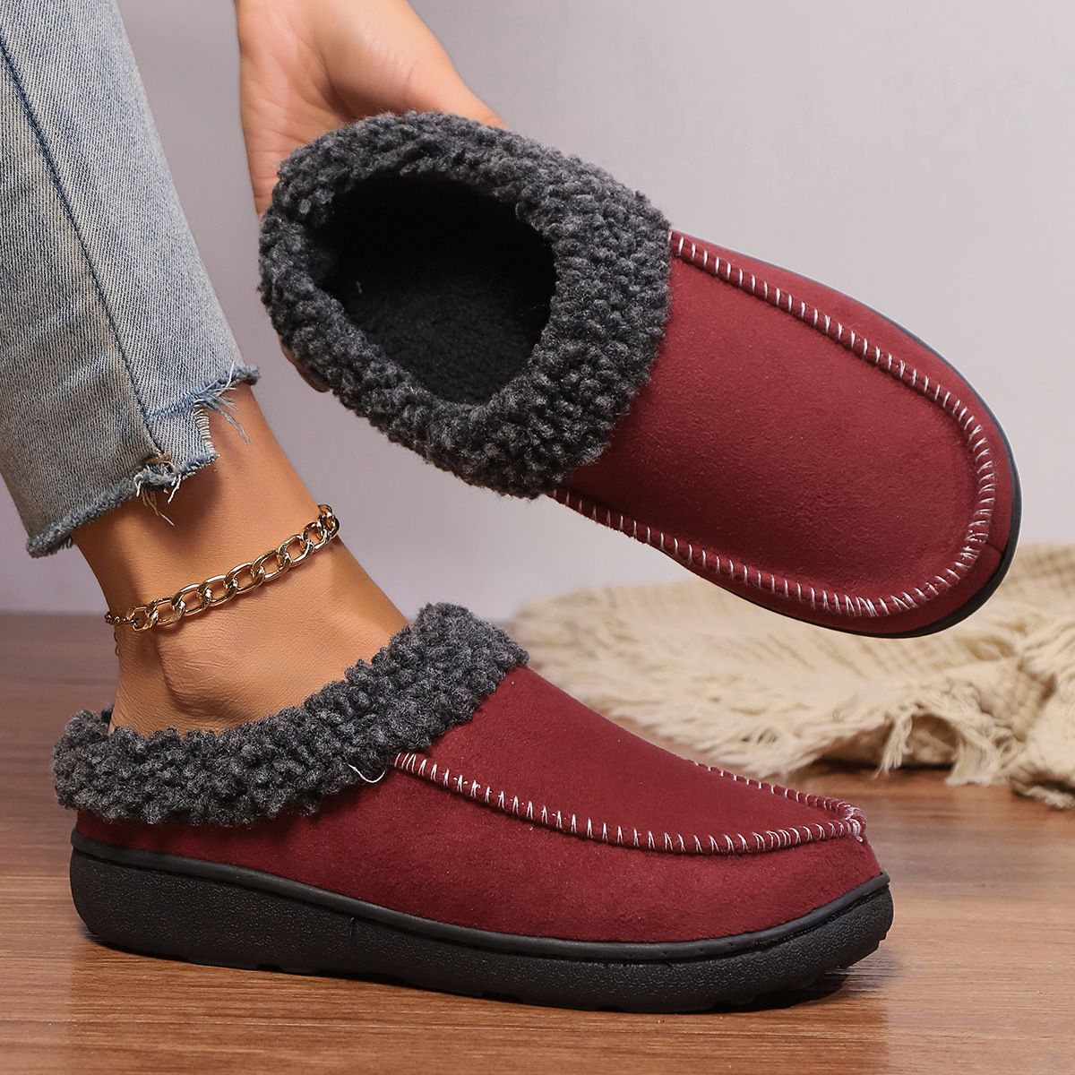 Women's Shoes Warm Suede Thick Autumn And Winter Indoor Half Covered With Home Cotton Slippers To Keep Warm In Winter_voghion.com