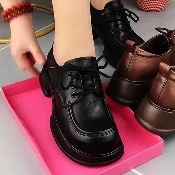 Mocassins en cuir style britannique transfrontalier pour femme, nouveauté printemps, bout rond simple, lacets, talon carré rétro._voghion.com