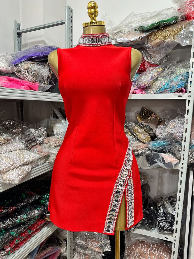 Women's Clothing Autumn New Sleeveless Bandage Dress Tassel Rhinestone Tight Hip Skirt Celebrity Dress_voghion.com