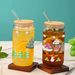 16oz Modern Minimalist Christmas Glass Tumbler With Bamboo Lid & Straw – Eco-Friendly (480ml, Matte Frosted Finish, Cartoon Print, 2-Piece Set)_voghion.com