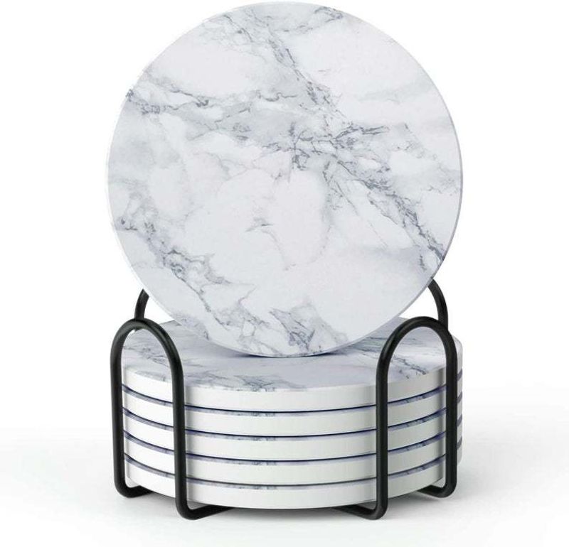 Conjunto de 6 peças de bases para copos de couro PU de mármore com suporte de metal para armazenamento e suporte inferior para uso doméstico_voghion.com