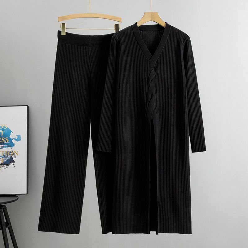 Damenbekleidung lässiger Modeanzug im faulen Stil mit langem Pullovermantel Damen Frühling und Herbst Hose mit weitem Bein gestrickt zweiteiliger Anzug_voghion.com