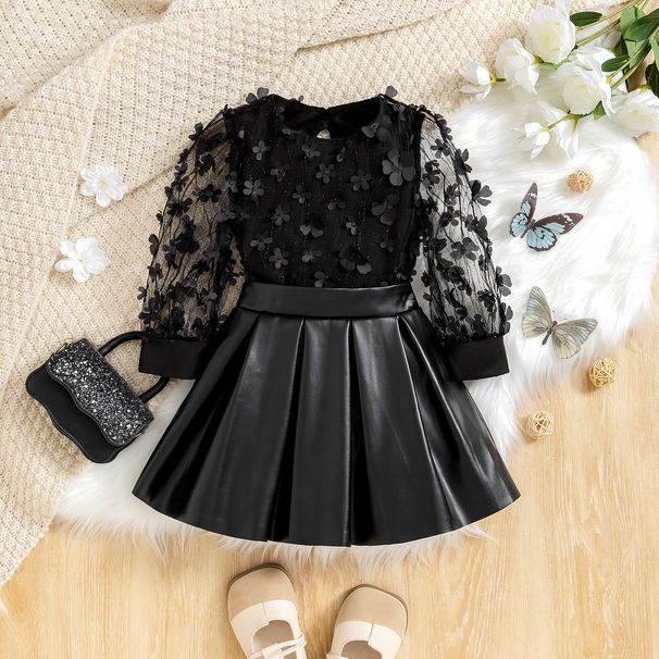 Kinderkleidung Neue Produkte Frühling und Herbst Mädchen Mesh Blume Langarm Top Pu Lederrock Zweiteiliger Anzug_voghion.com