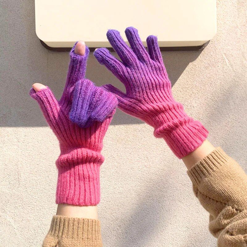 1 Pair Gradient Open Finger Touch Screen Gloves Women Girls Winter Warmth Glove Fashion Daily Apparel Accessories_voghion.com