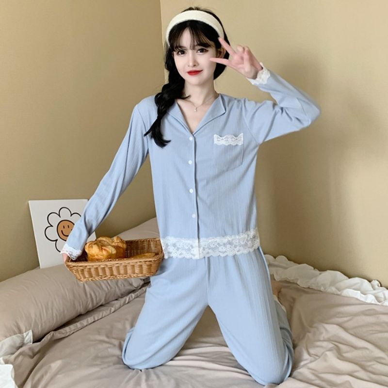 6535 katoenen pyjama voor meisjes in lente en herfst prinsessenstijl effen kleur vest mouwen lange broek tweedelig set_voghion.com