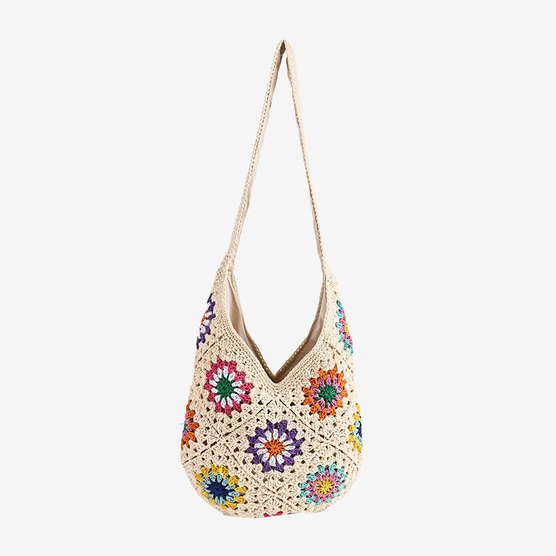 Strohtasche, gewebte Tasche, Oma-Gitter-Schultertasche aus Baumwollfaden, Lazy Wind Flower, gewebte Tasche, Urlaub, Wind, Strand, Strohtasche_voghion.com