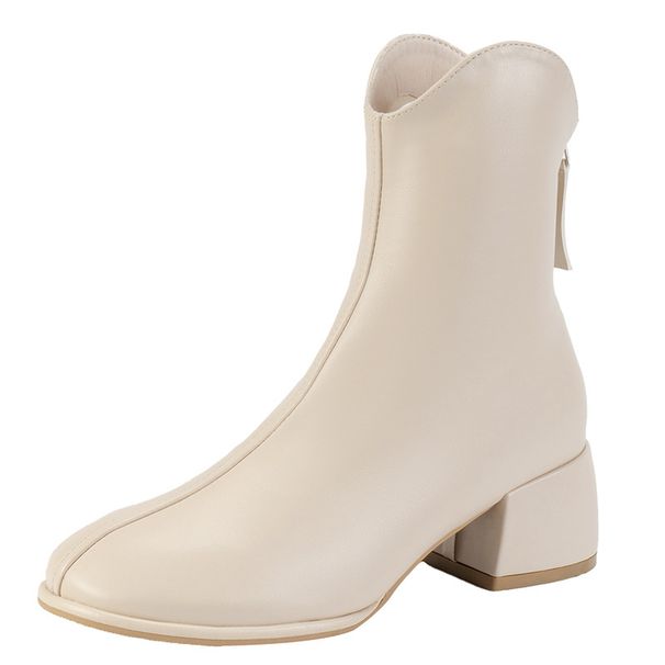 V neck short women s thick heel square toe autumn and winter French slim boots back zipper large size white_voghion.com