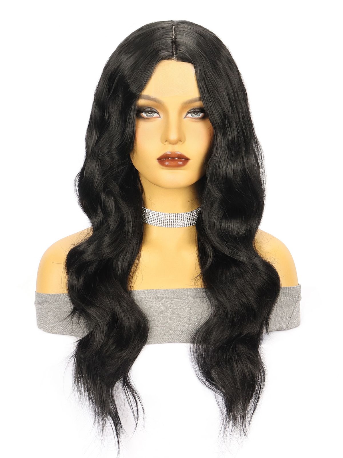 Parrucca sintetica frontale in pizzo annodata a mano per donna - Parrucca lunga e riccia con riga centrale (fibra resistente al calore, cuffia traspirante, attaccatura naturale dei capelli, pronta da indossare)_voghion.com