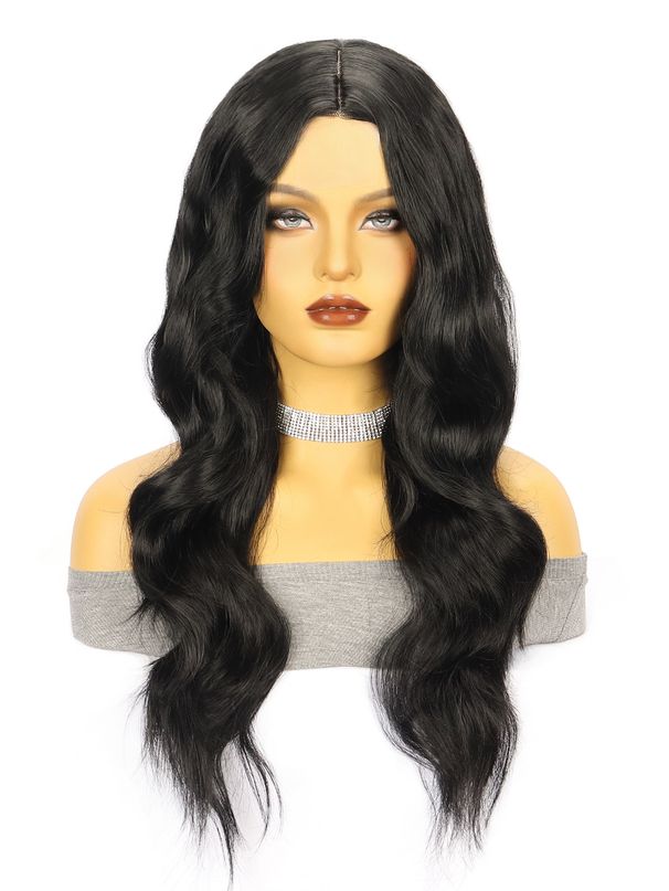 Parrucca sintetica frontale in pizzo annodata a mano per donna - Parrucca lunga e riccia con riga centrale (fibra resistente al calore, cuffia traspirante, attaccatura naturale dei capelli, pronta da indossare)_voghion.com