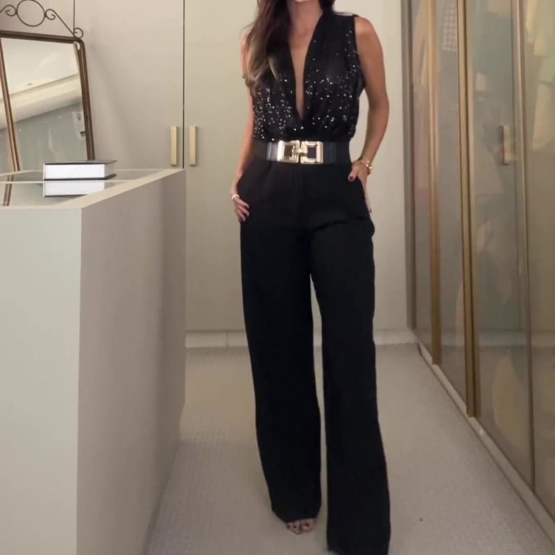 Women's Fashion Sequined V-neck Waist Solid Color Wide-leg Jumpsuit_voghion.com