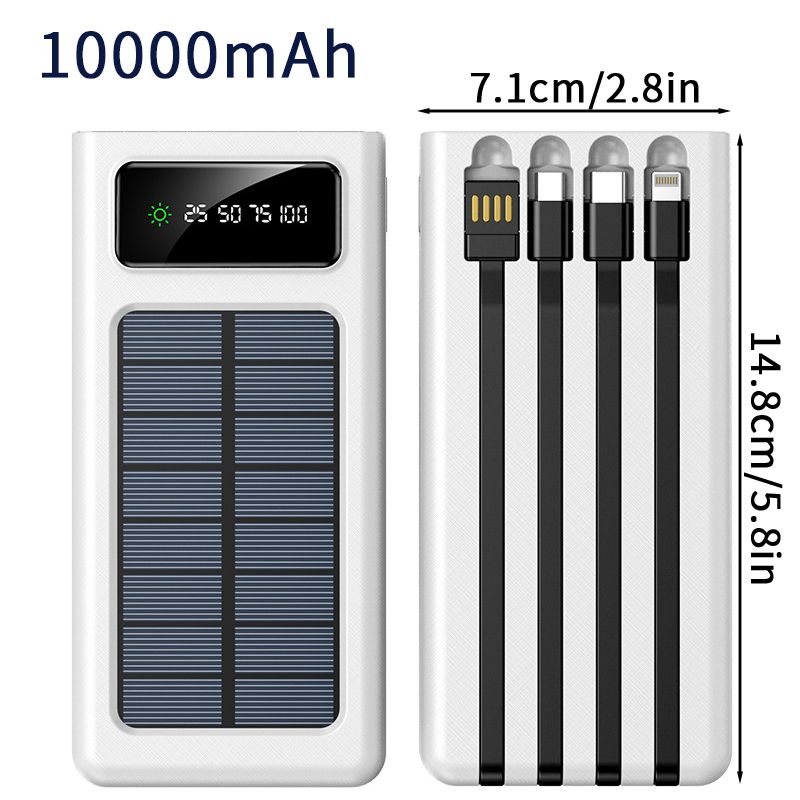 Powerbank solare da 10000–5000 mAh, portatile, da viaggio, grande capacità, esterno con 4 cavi, batteria a ricarica rapida per_voghion.com