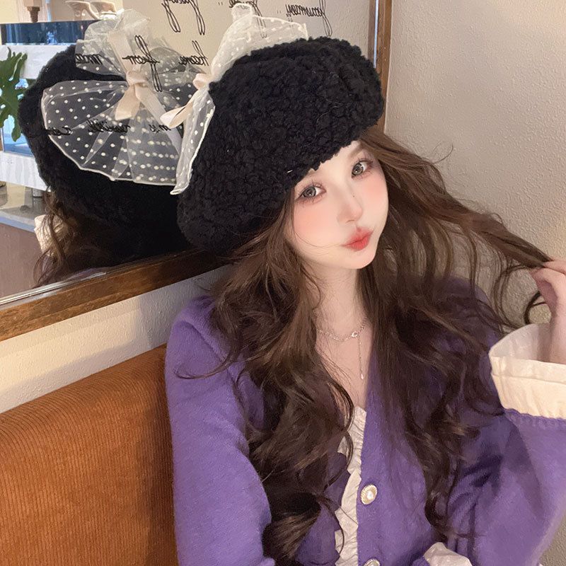 New Arrivals Korean Version Sweet Lace Bow High Fashion Beret Women's Versatile Face Lamb Wool Warm Painter Hat for Winter Cap Mujer_voghion.com