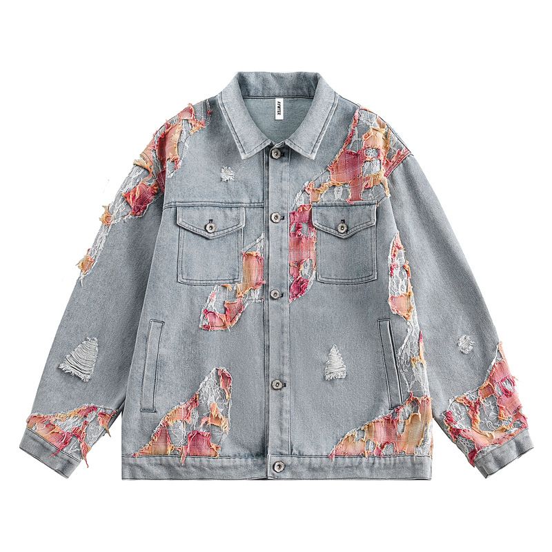 Giacca in denim strappato con cuciture in pizzo al tramonto, abbigliamento maschile, design di nicchia, giacca ampia da uomo e da donna_voghion.com