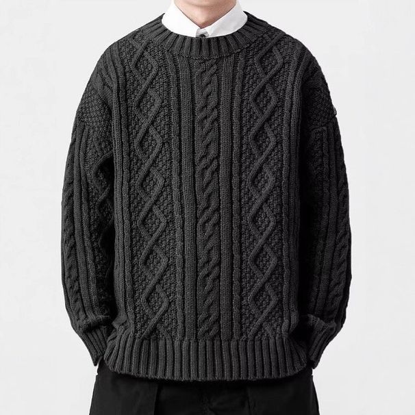 Męski sweter retro z dzianiny kablowej z długim rękawem, swobodny, z okrągłym dekoltem, luźny krój, jednolity kolor, moda zimowa_voghion.com