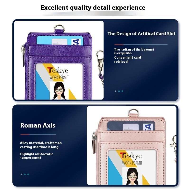 Work ID Leather Cover Large Capacity Card Bag Student Tag Bus Access Card Employee Chest Card Cover With Hanging Rope_voghion.com