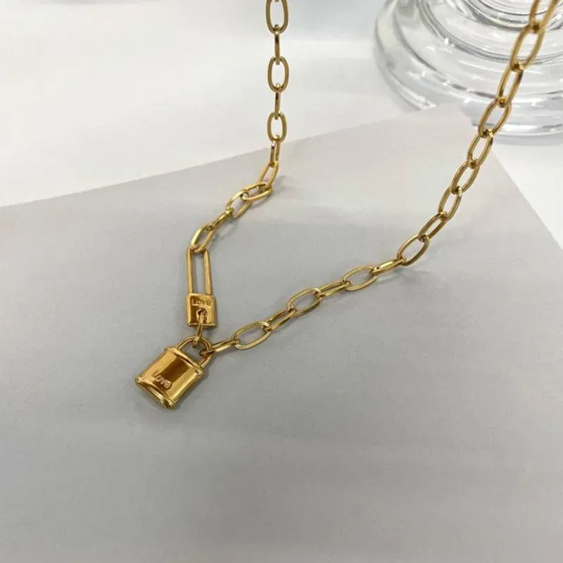 Pendant Necklaces Origin Summer Statement Lock Paper Clip Necklace For Women Girls Asymmetric Chunky Chain Metallic_voghion.com