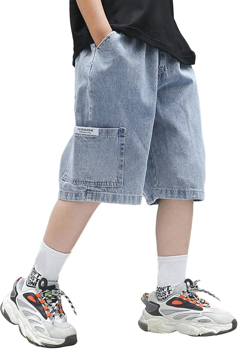 Pantaloncini in denim larghi e casual con gamba larga e elastico in vita da ragazzo con tasche_voghion.com