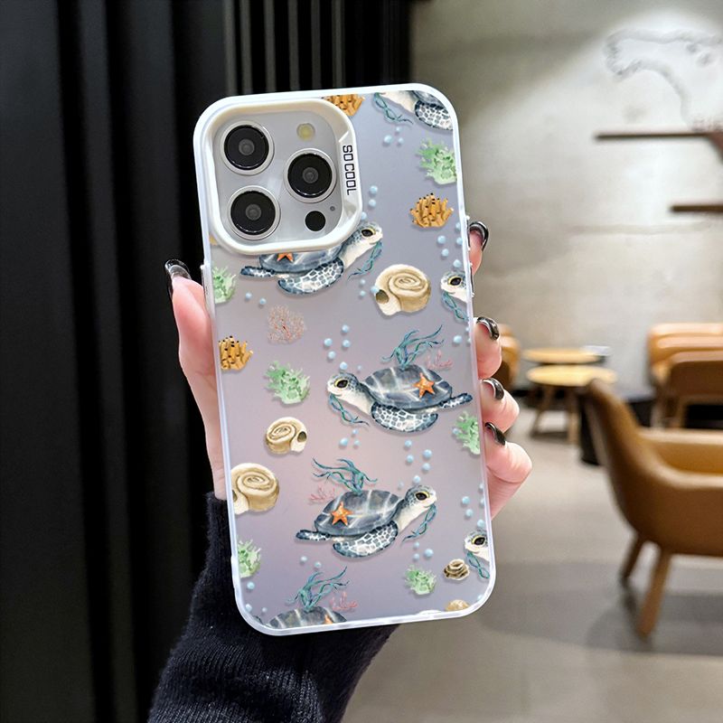 Summer Cartoon Ocean Turtle Plating Matte Shockproof Case for iPhone 16 15 14 13 12 11 Pro Max XS X XR 8 7 Plus SE 2020 PC Cover_voghion.com