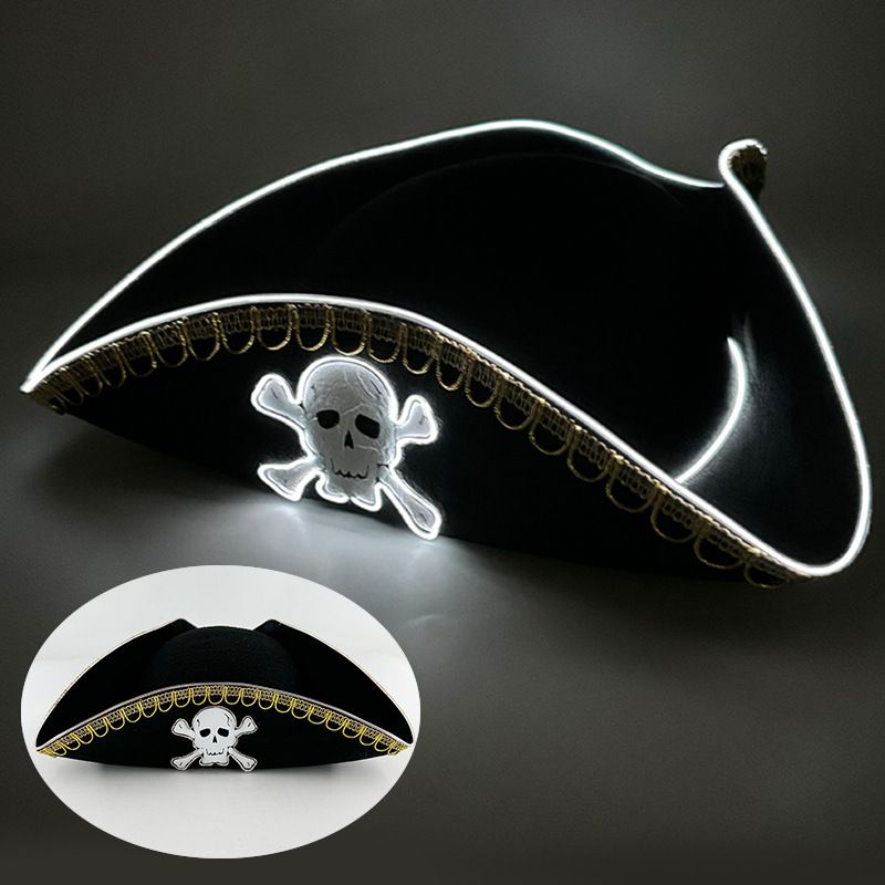 Halloween Cos Performance Costume Props Caribbean Gold Edge Pirate Captain Hat LED Luminous Skull Pirate Hat_voghion.com