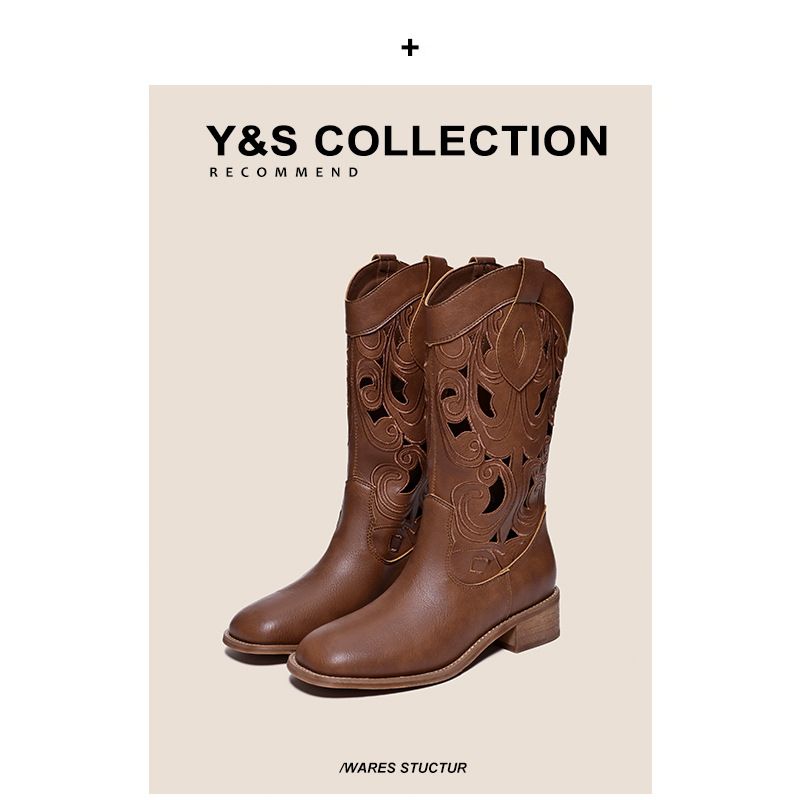 Echtes Leder Damen Reiten 2025 Sommer Neue Stil Chunky Hohl Western Cowboy Niedrigen Absatz Lange Stiefel Für Frauen_voghion.com