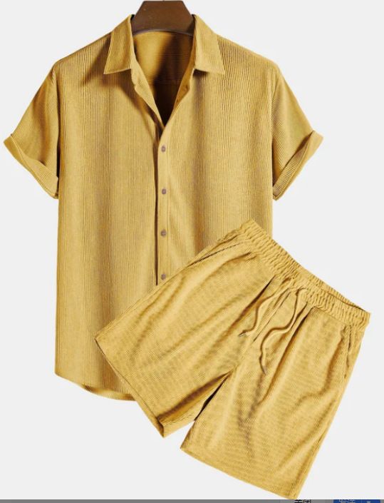 Herrenbekleidung Lässige, lockere, mehrfarbige Strandkleidung aus Cord mit kurzen Ärmeln, zweiteiliges Set_voghion.com