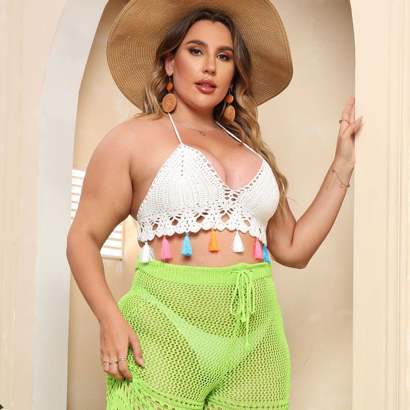 Lenjerie intimă pentru femei, mărimi mari, cu cusături colorate cu ciucuri, croșetat manual, bikini, vacanță pe plajă_voghion.com
