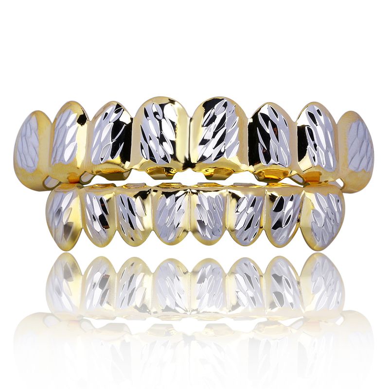 Ensemble de grillz Hip Hop - Bijoux dentaires bicolores dorés à 8 dents pour hommes et femmes - Idéal pour les fêtes, les spectacles et les cadeaux, 8 dents bicolores_voghion.com