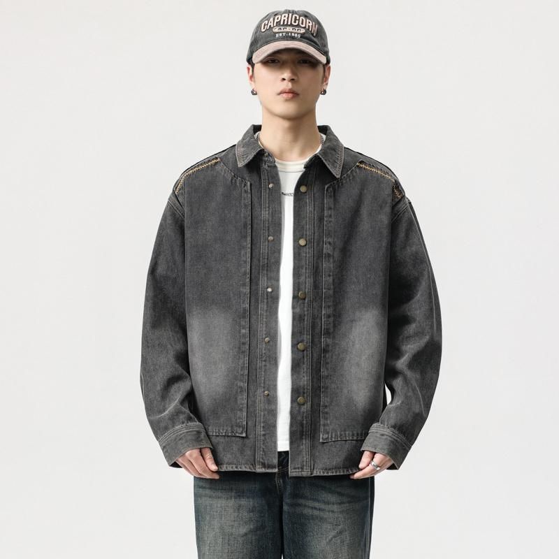 Camicia in denim lavata retrò di alta qualità americana Detroit Tooling da uomo, giacca a maniche lunghe ampia primavera e autunno 2024_voghion.com