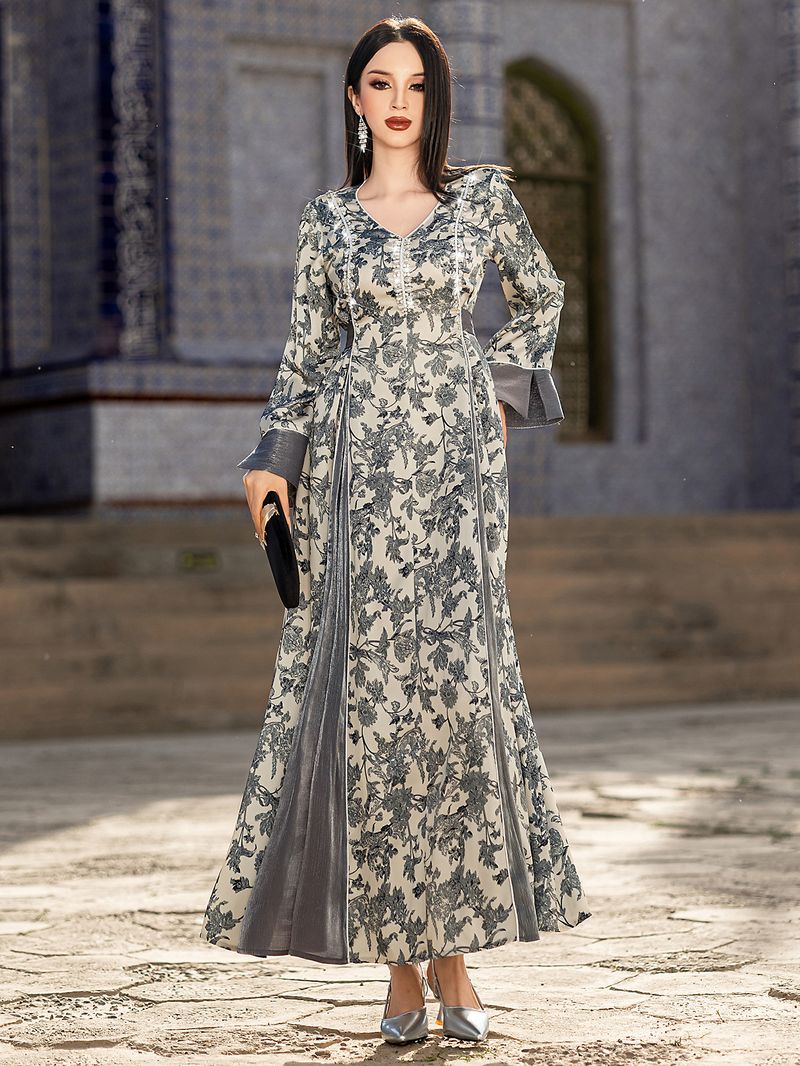 Dametøj V-hals satin jacquard muslin kjole håndlavet perlebesat elegant langærmet kjole_voghion.com