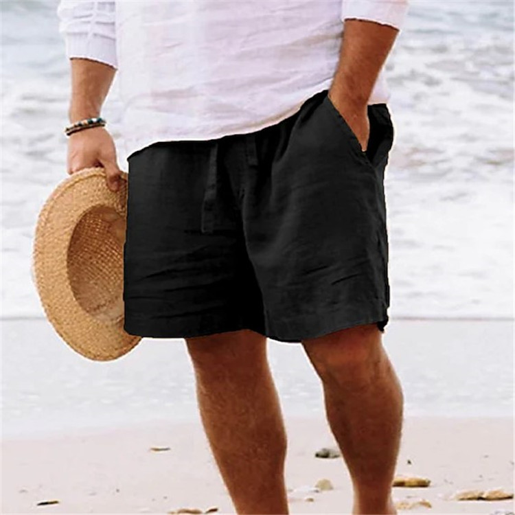 Wholesale Men's Cotton Linen Shorts Summer Drawstring Elastic Waist Solid Color Comfortable Breathable Everyday Beach546_voghion.com