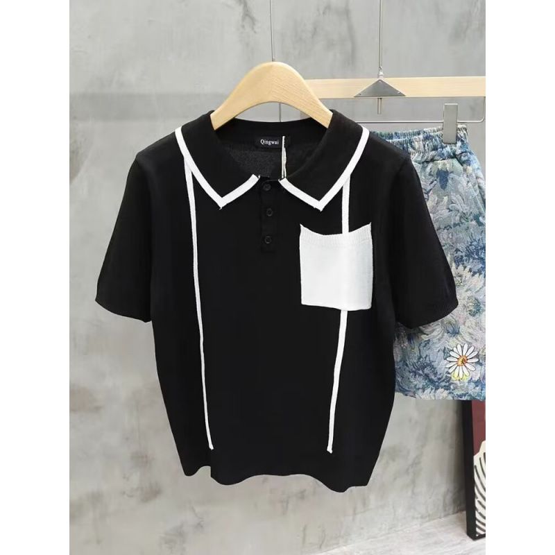 Polo estiva a righe da uomo, versatile, in seta ghiacciata fresca e a maniche corte, semplice e alla moda, con scollo rotondo._voghion.com