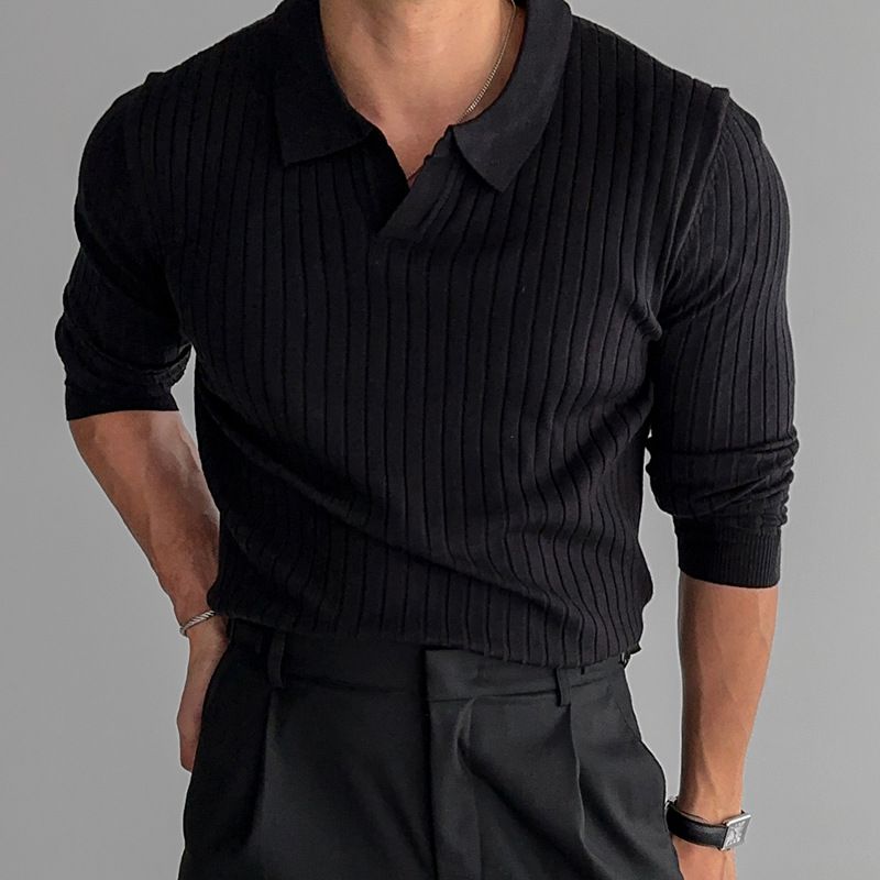 ​Langarm-Poloshirt für Herren – Trendiges, gestreiftes Strickoberteil mit lässiger Passform und verwaschenem Stoff (Schwarz, Braun, Weiß)​_voghion.com