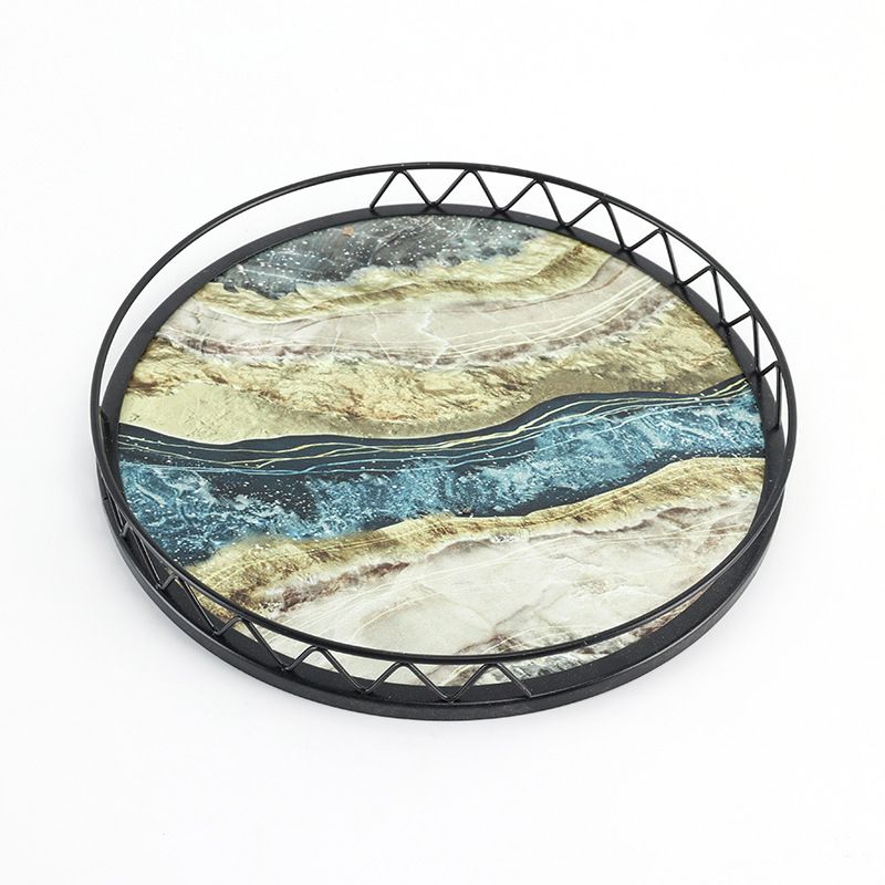 Vassoio portaoggetti rotondo con motivo marmorizzato - Contenitore di lusso per cosmetici per bagno e lavabo (multiuso, elegante decorazione per la casa)_voghion.com