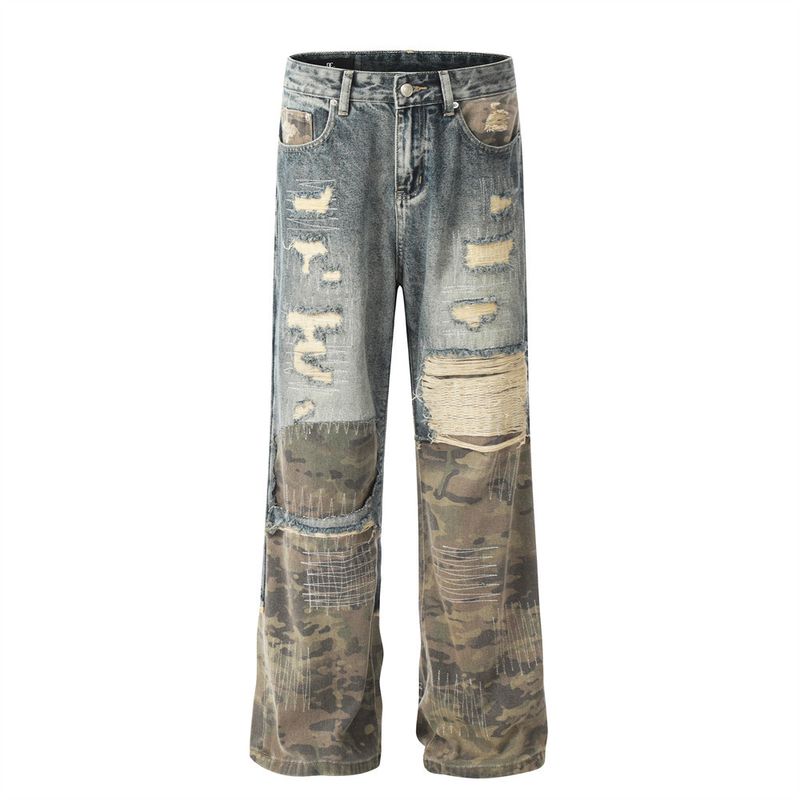 Men's Camo Patchwork Jeans - Distressed Wide Leg Pants With Exposed Stitching | Urban Grunge Collection_voghion.com
