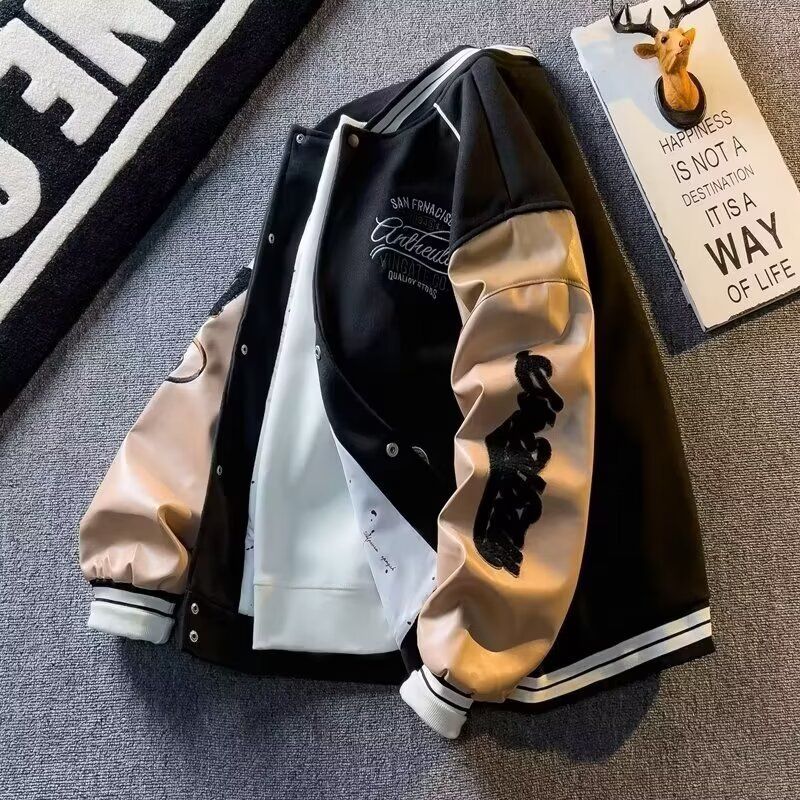 Men's Patchwork Wool Blend Baseball Jacket - Korean Style Retro Embroidered Coat For Spring & Autumn_voghion.com