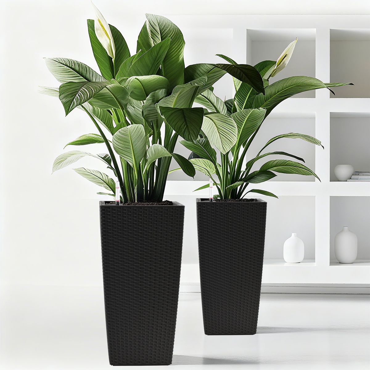 Square Planter For Indoor Or Outdoor Use, 22-Inch High Rattan Design Flower Pot With Automatic Watering System For Porch, Patio, Backyard, Makes Keeping Flowers Easier (Pack Of 2, Black)_voghion.com