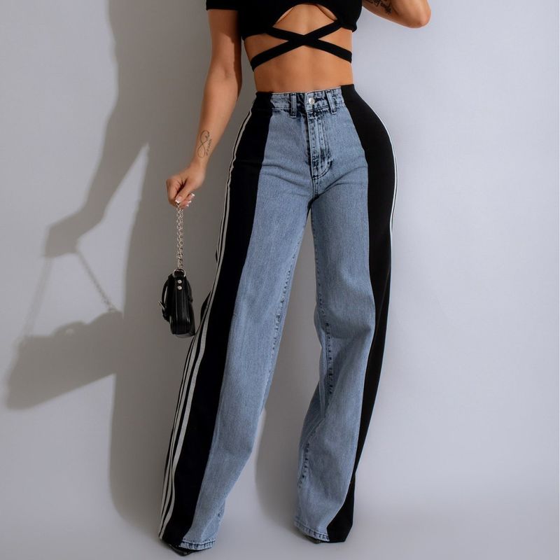 Dame 2024 sommermote skjøting tre-striper dongeribukser med brede ben, nye uformelle, høy midje elastiske rette bukser for kvinner_voghion.com