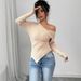 Women's Off-Shoulder Sweater - Trendy Irregular Hem V-Neck Pullover (S-L, Apricot)_voghion.com