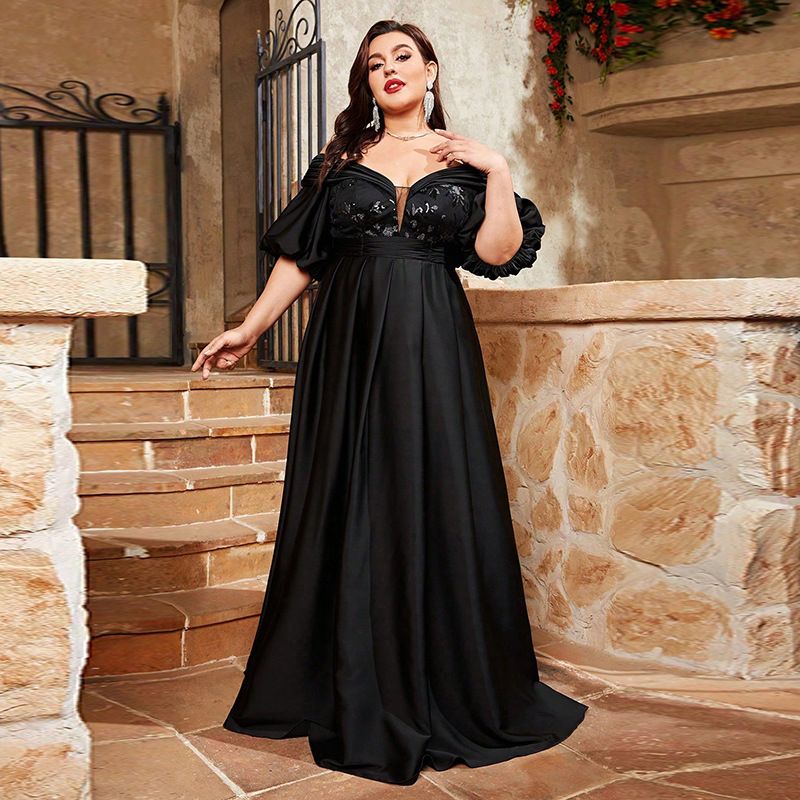 Elegant Off-Shoulder Evening Gown – Stretch Satin Formal Dress With Deep V-Neck (Plus Size 0XL-4XL, Black Velvet Finish)_voghion.com
