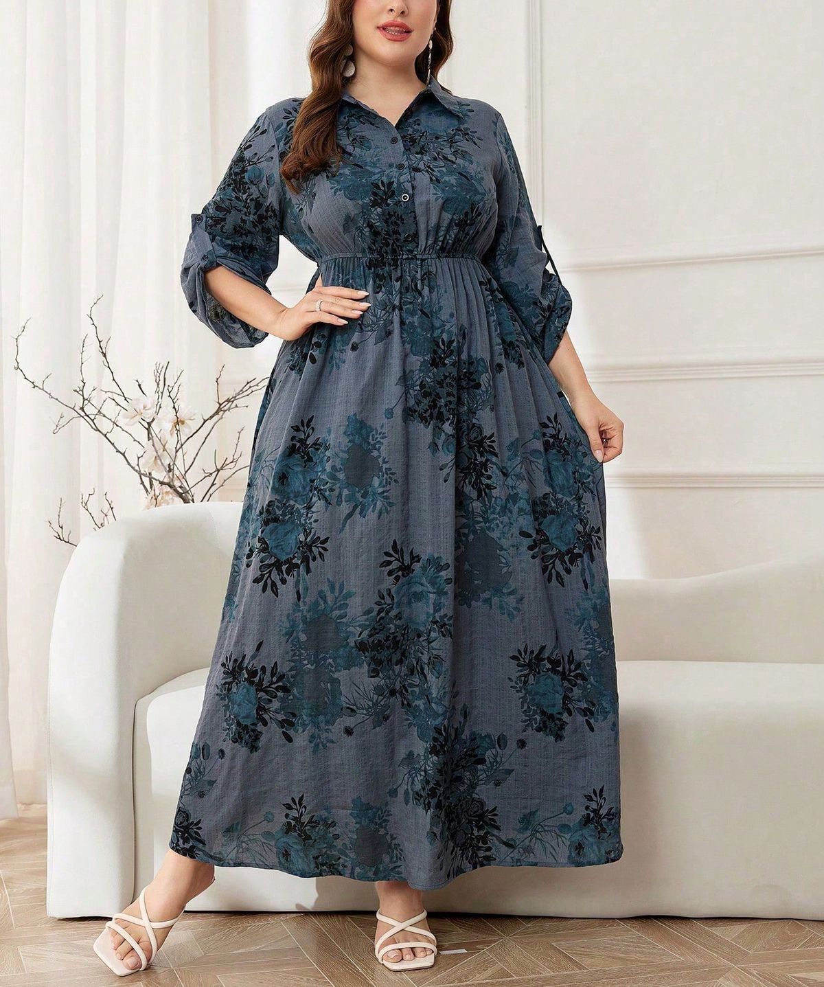Robe d'été grande taille tendance, imprimé floral, col en V, coupe trapèze, mi-longue, en mélange de coton et lin respirant, élégante tunique décontractée, tenue de vacances_voghion.com