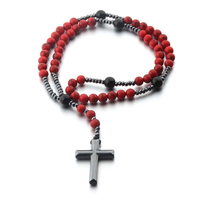 Natural Stone Necklace, Turquoise Black Agate Black Gallstone Cross Rosary Necklace_voghion.com