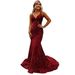 Sequined Ball Gown Slim Hip Wrapped Fishtail Small Trailing Evening Gown Spaghetti Straps V Neck Party Dress_voghion.com