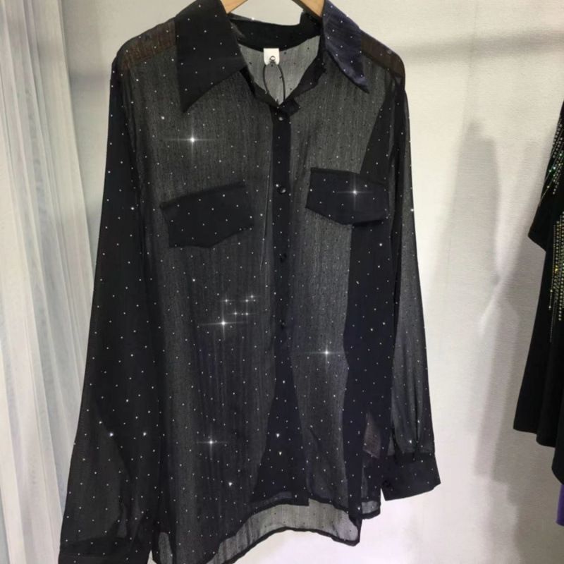 Abbigliamento da donna Camicia a diamante caldo resistente Camicia a maniche lunghe trasparente leggera e sottile da donna Camicia abbottonata sottile Camicia versatile con protezione solare_voghion.com
