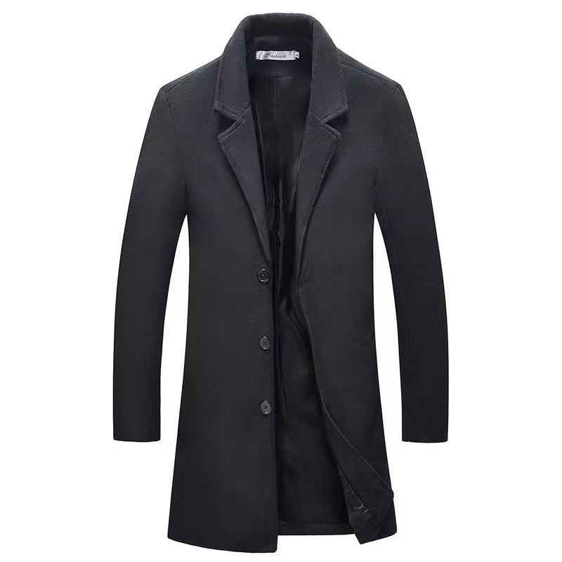 Men's medium long wool coat slim slim simple solid color cloth trench coat_voghion.com
