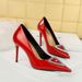 Banquet women's shoes patent leather shallow mouth pointed super high heels triangular metal rhinestone buckle high heel single shoes_voghion.com