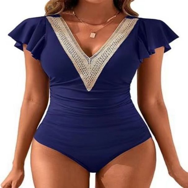 Naisten vaatteet, naisten muoti, huippuluokan seksikäs haalari, yksivärinen, pitsikauluksella varustettu, liitososainen uimapuku_voghion.com