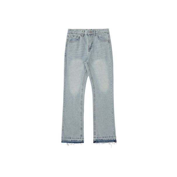 Calça jeans masculina com bainha azul e borlas, estilo high street, lavada, retrô, flare, cleanfit_voghion.com